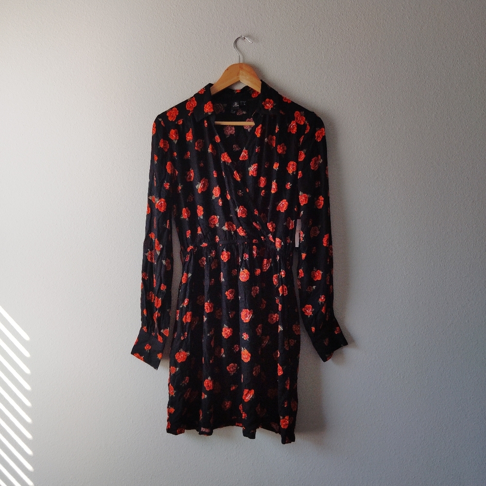 Volcom Black and Red Floral Long Sleeve Dress